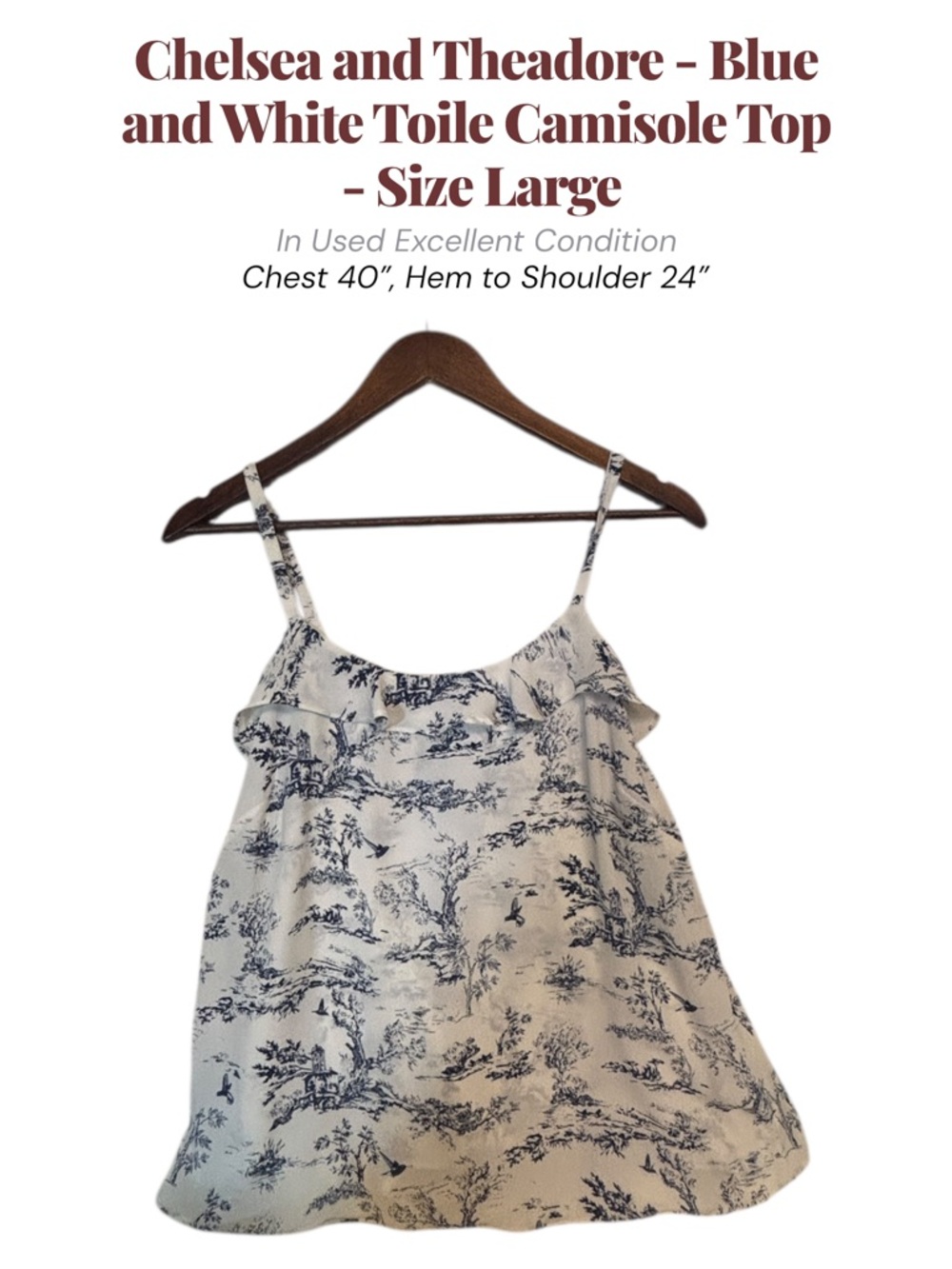 Chelsea & Theodore Blue Toile Print Camisole Top Size Large Ruffle A-Line Summer